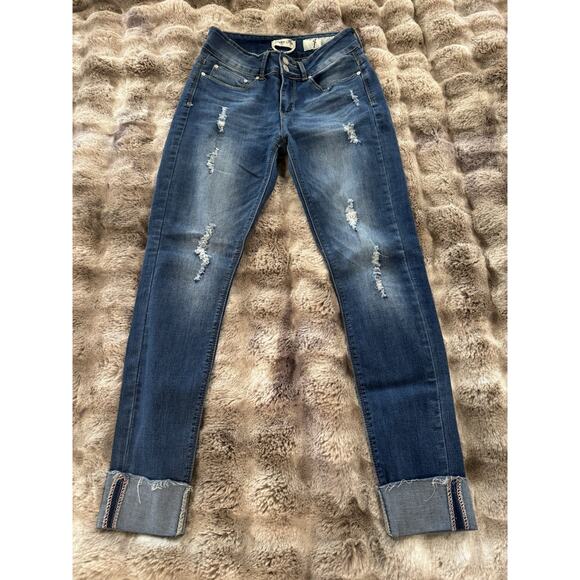 Indigo Rein Distressed Cuffed Slim Leg Denim Jeans Ankle Size 7 - Picture 1 of 9